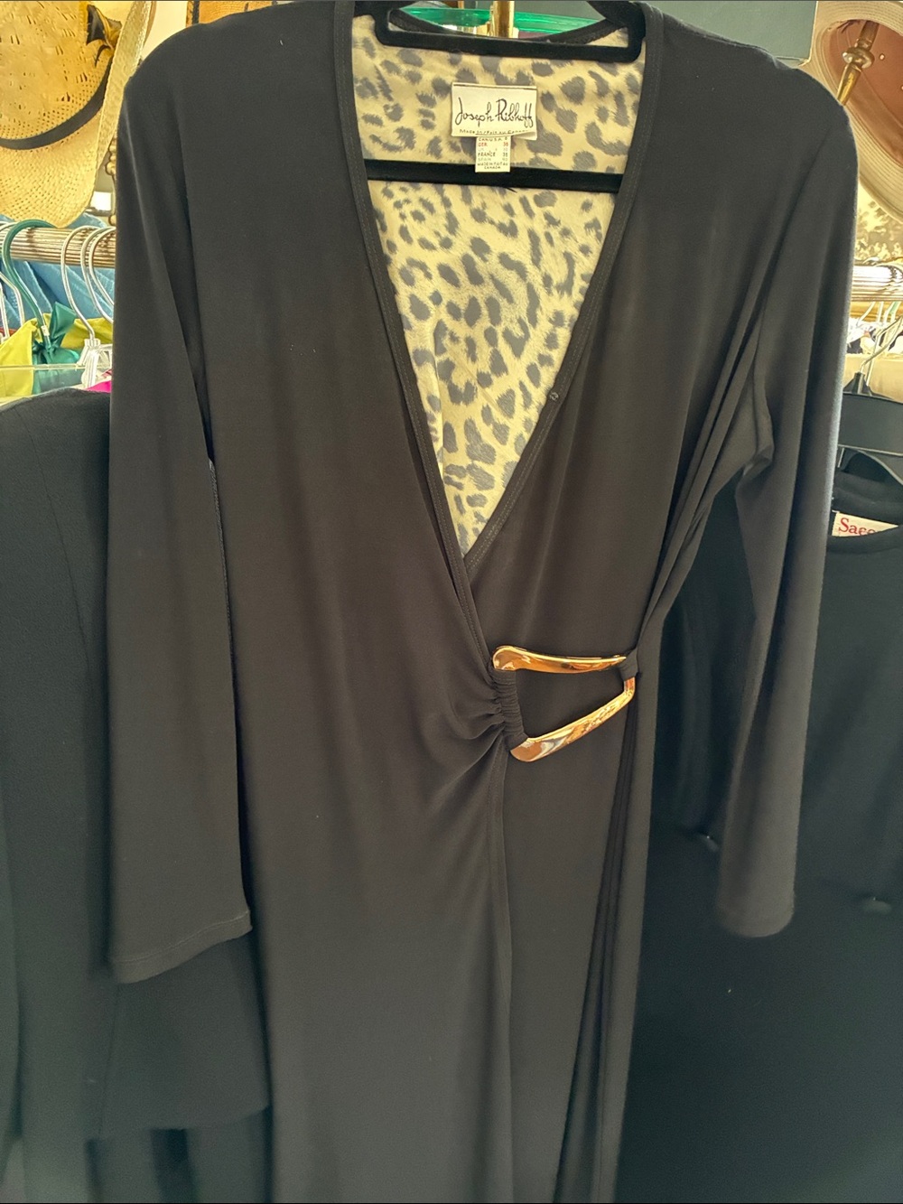 Joseph Ribkoff Black Long Sleeve Wrap Dress with Gold Buckle